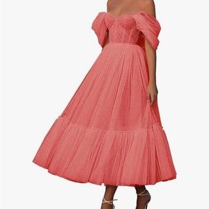 Tulle Dotted Tea Length Dress Off the Shoulder A-Line